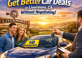 Couple shaking hands with a car dealer at a Livermore dealership, AutoPlace.io banner in the background.