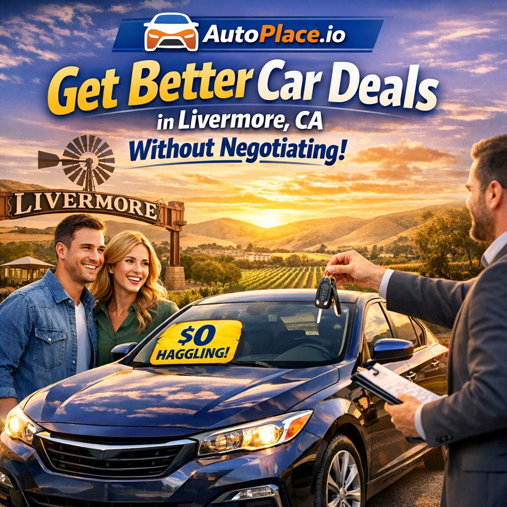 Couple shaking hands with a car dealer at a Livermore dealership, AutoPlace.io banner in the background.