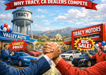 Car dealerships with banners from "Valley Auto" and "Tracy Motors" showcasing competitive deals in a Tracy, CA parking lot.