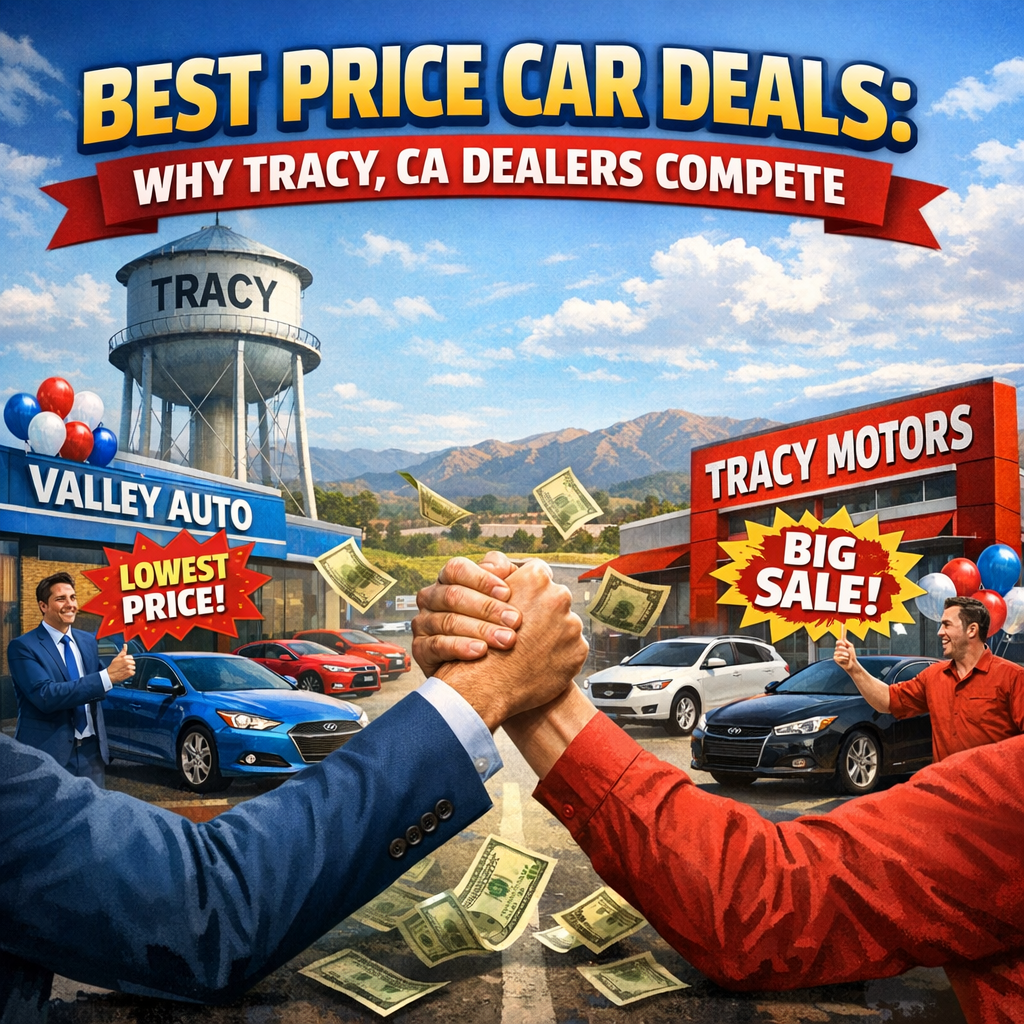 Car dealerships with banners from "Valley Auto" and "Tracy Motors" showcasing competitive deals in a Tracy, CA parking lot.