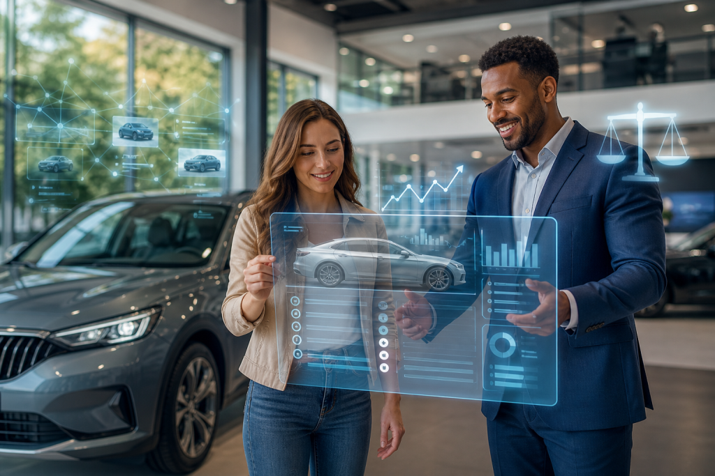 A woman and a man examine a car alongside a holographic vehicle interface in a modern dealership