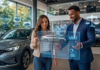 A woman and a man examine a car alongside a holographic vehicle interface in a modern dealership