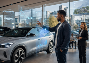 Man examines a silver SUV in a dealership while interacting with holographic vehicle, map, and sales displays