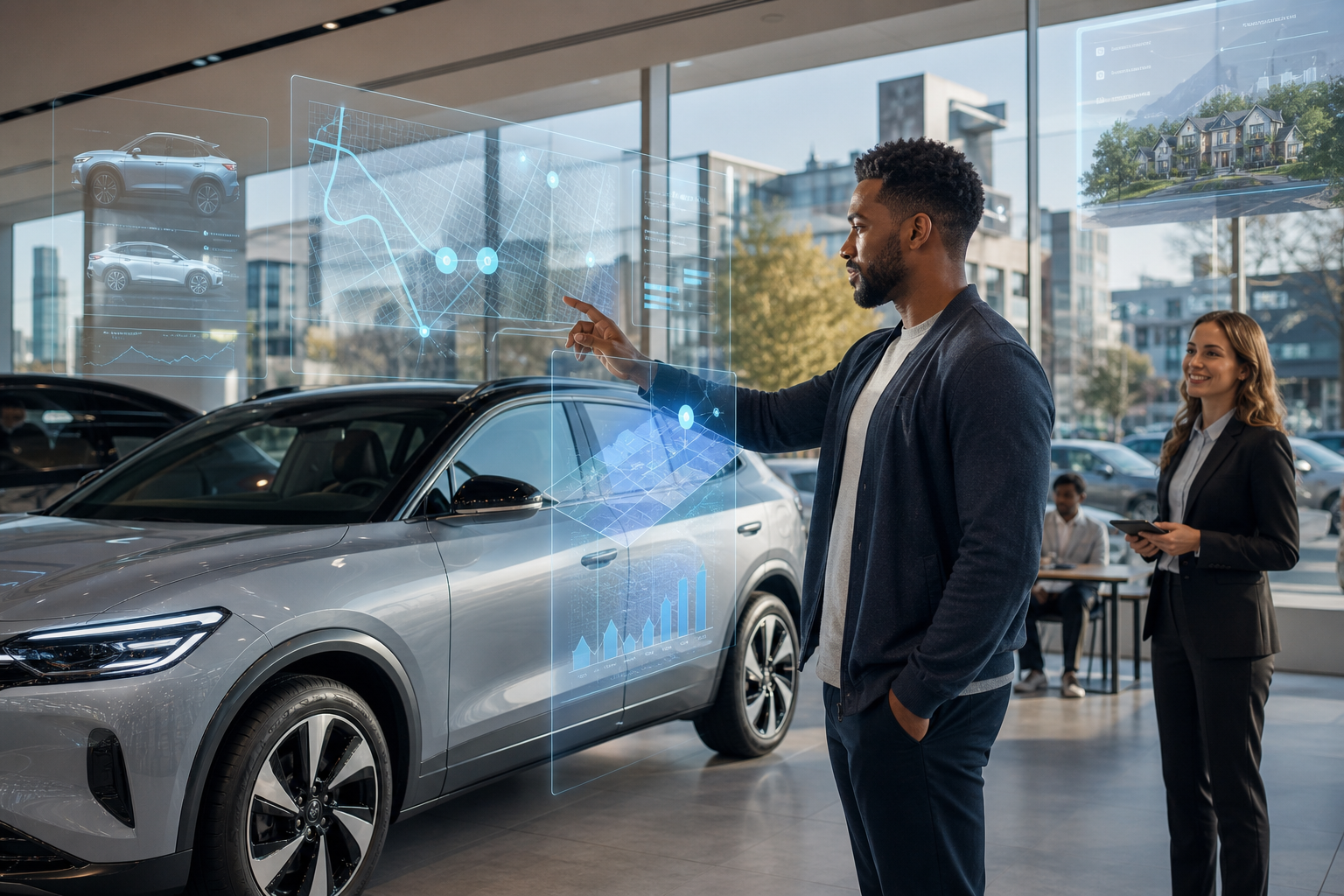 Man examines a silver SUV in a dealership while interacting with holographic vehicle, map, and sales displays