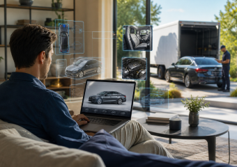 Man uses a laptop to inspect a sedan with holographic vehicle diagrams and component images displayed around him