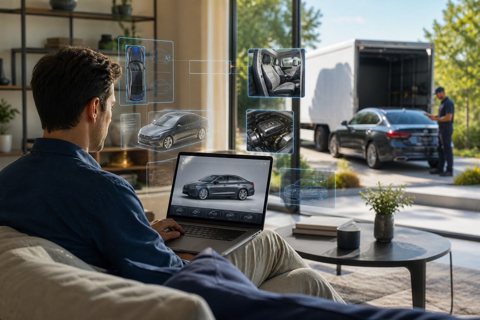 Man uses a laptop to inspect a sedan with holographic vehicle diagrams and component images displayed around him