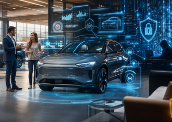 Modern SUV displayed in a showroom, with two people beside it and digital cybersecurity graphics including a hooded hacker