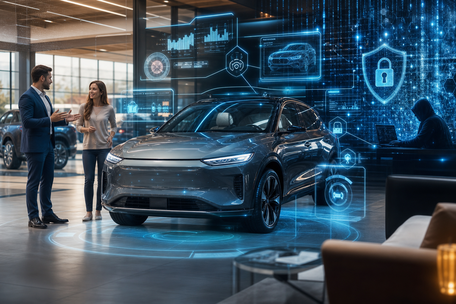 Modern SUV displayed in a showroom, with two people beside it and digital cybersecurity graphics including a hooded hacker