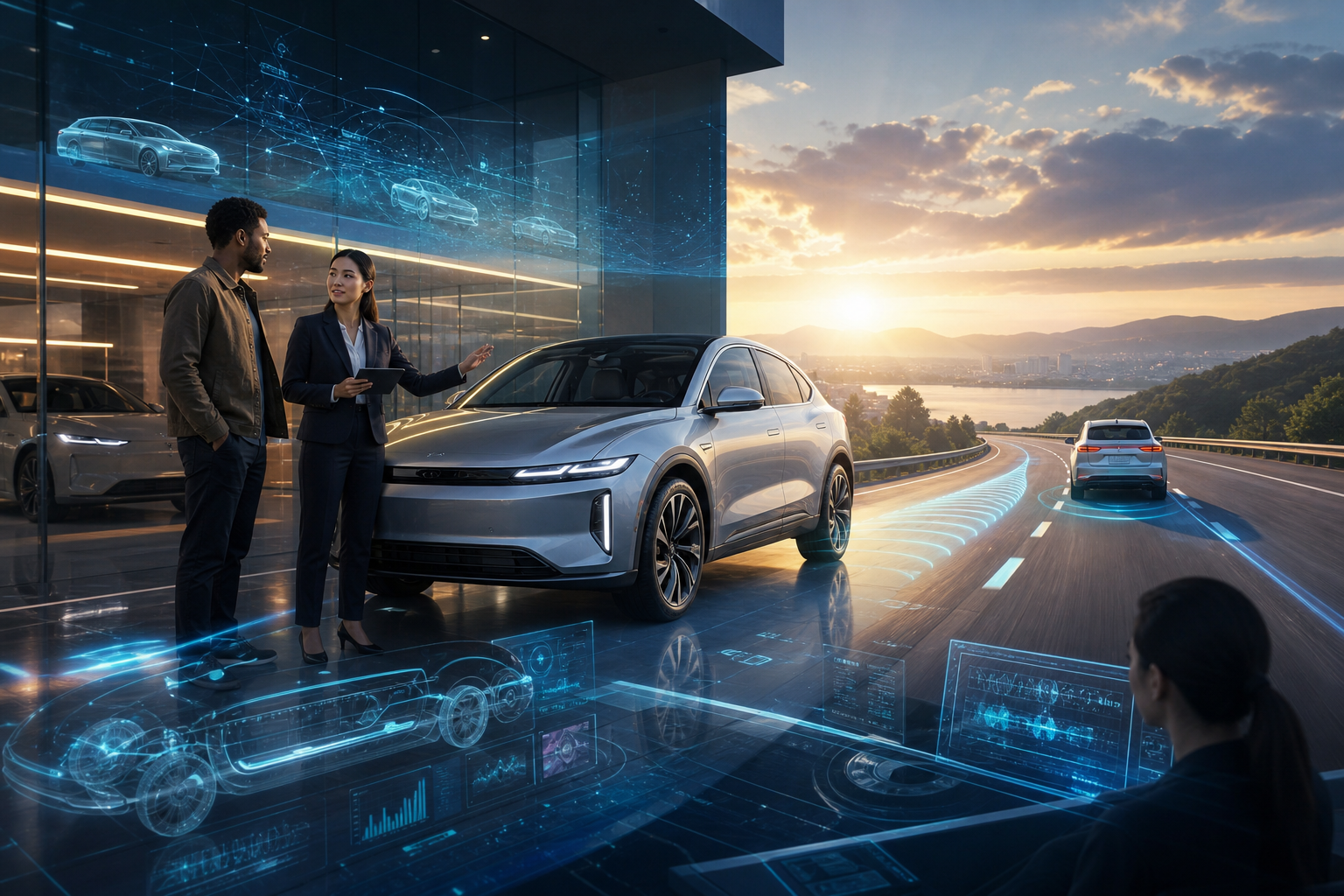Two people examine a silver car in a showroom beside an autonomous-driving road scene with digital vehicle schematics