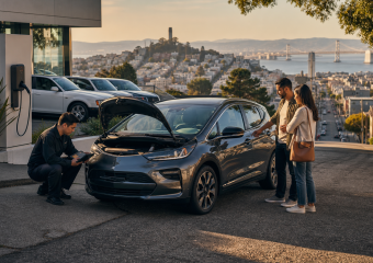 A technician inspects an electric car while a couple stands beside it at a charging station overlooking San Francisco