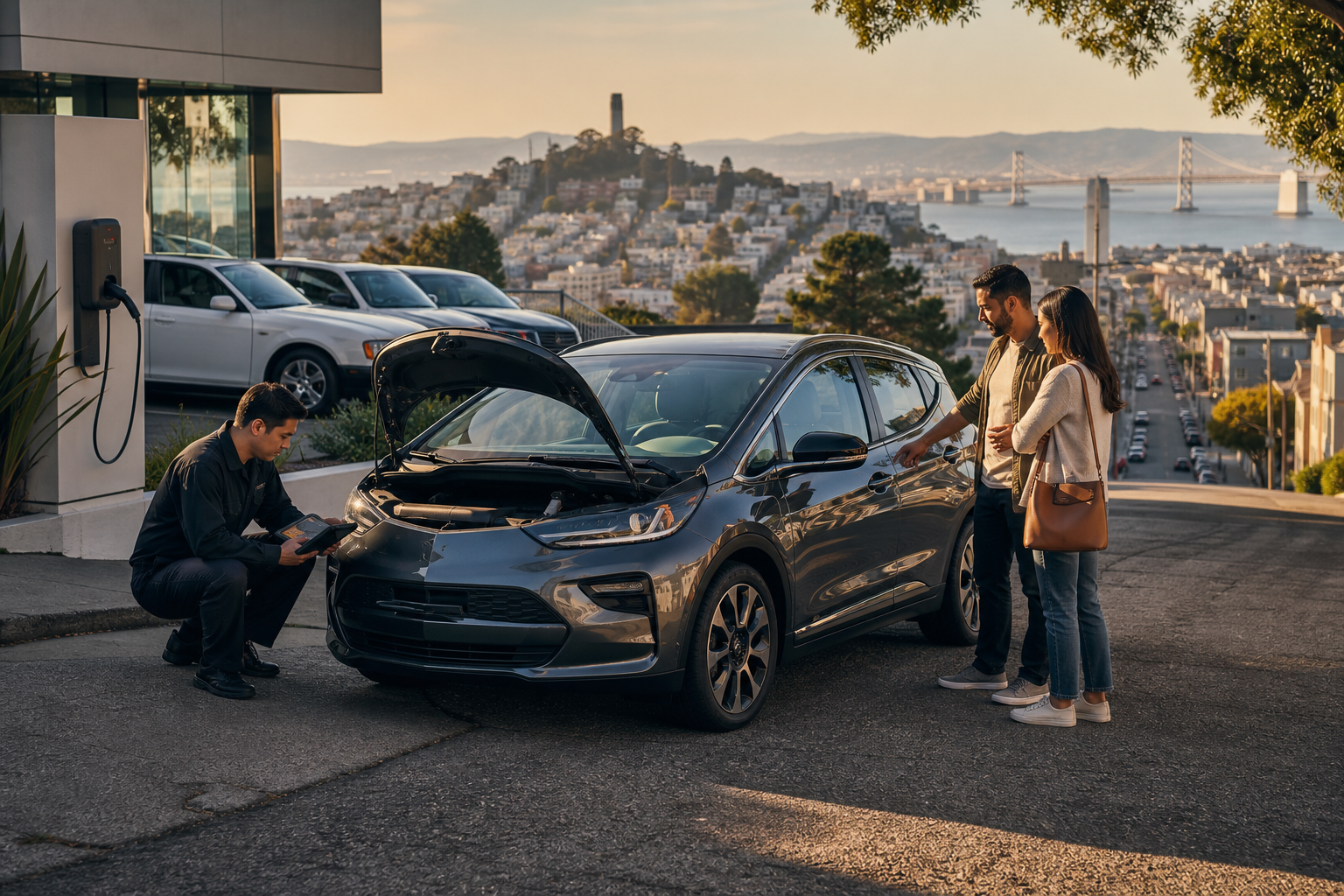 A technician inspects an electric car while a couple stands beside it at a charging station overlooking San Francisco