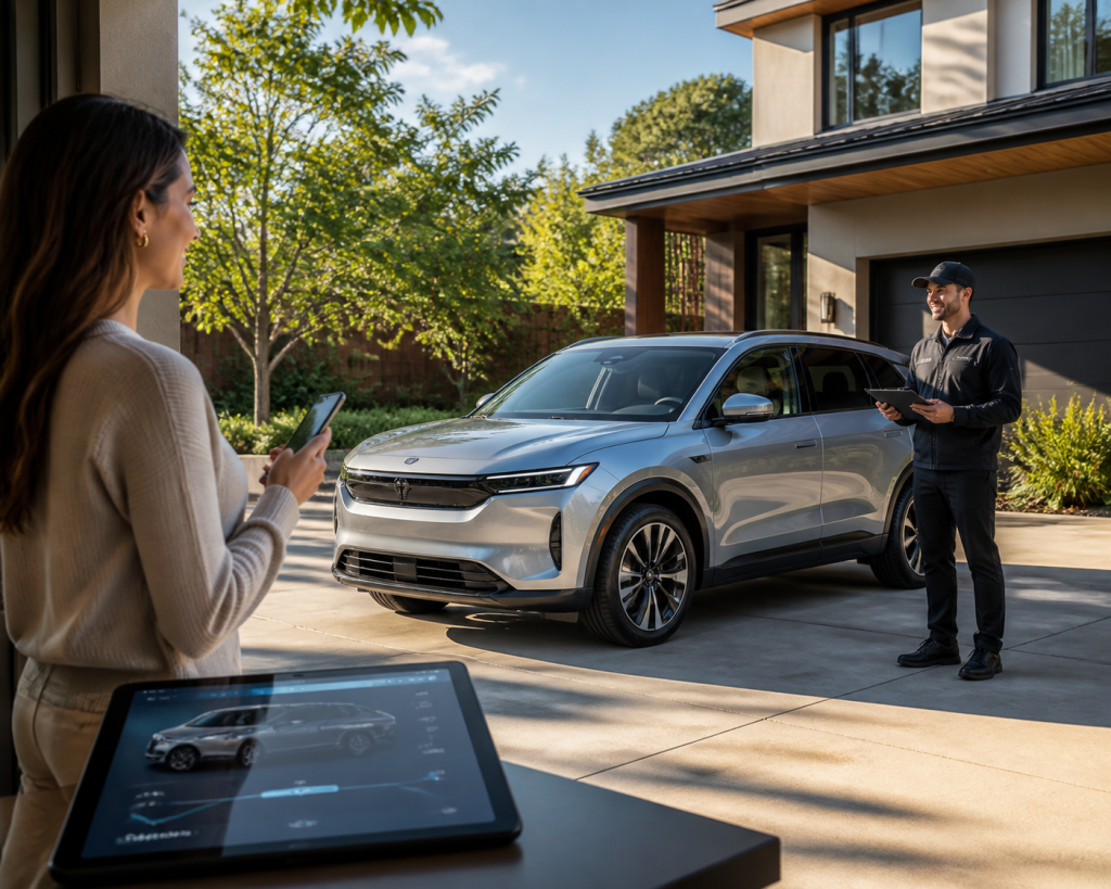 A woman reviews a vehicle on a tablet while a technician stands beside a silver SUV in a driveway