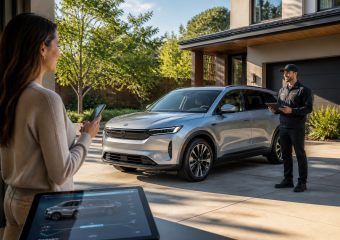 A woman reviews a vehicle on a tablet while a technician stands beside a silver SUV in a driveway