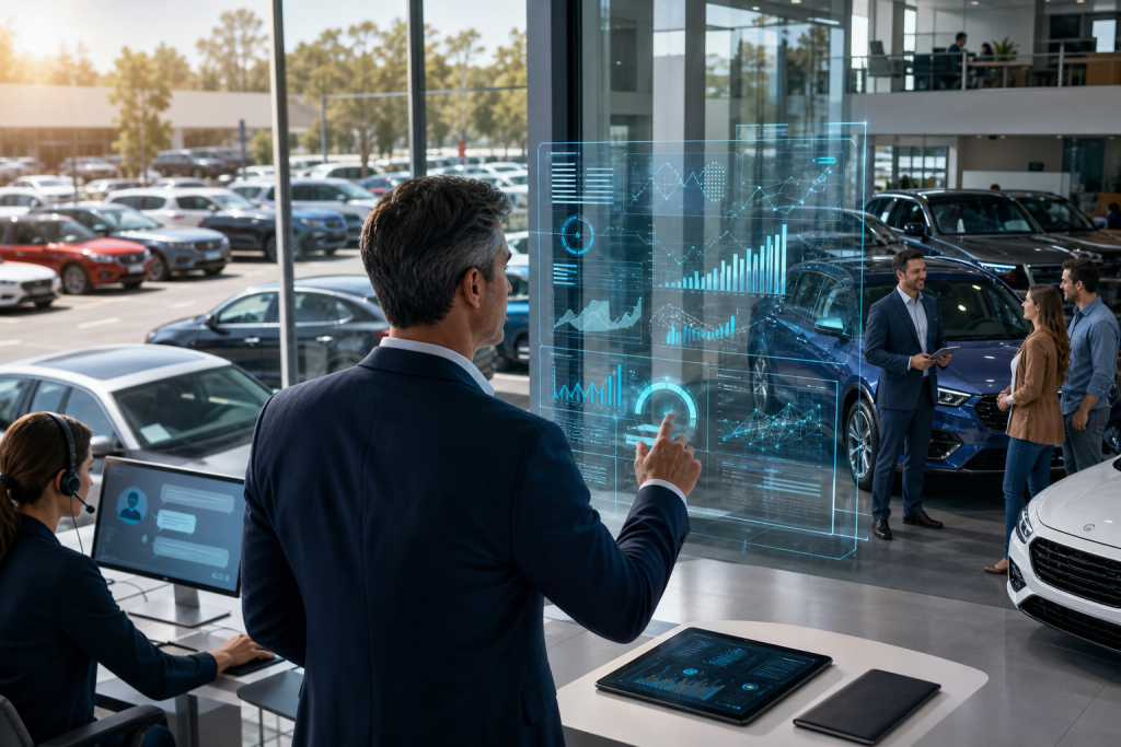 Car dealership staff use a holographic dashboard to analyze vehicle sales data in a showroom