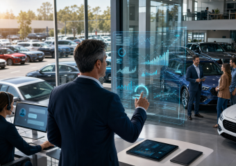 Car dealership staff use a holographic dashboard to analyze vehicle sales data in a showroom