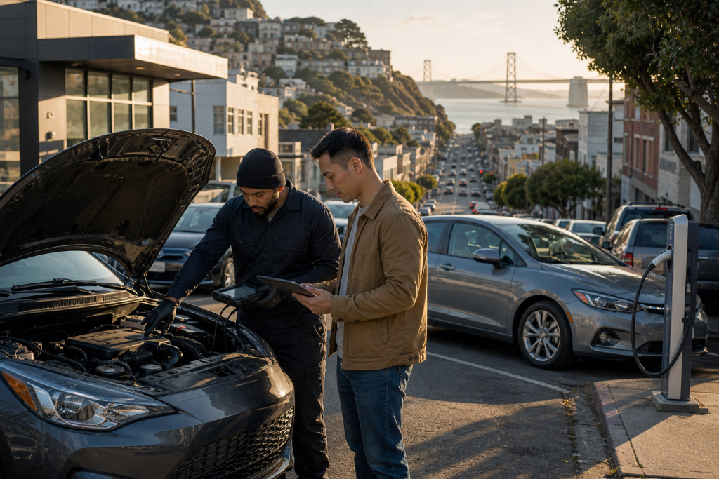 Two men inspect a car engine with a diagnostic device and tablet beside an electric vehicle charging station