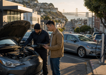 Two men inspect a car engine with a diagnostic device and tablet beside an electric vehicle charging station
